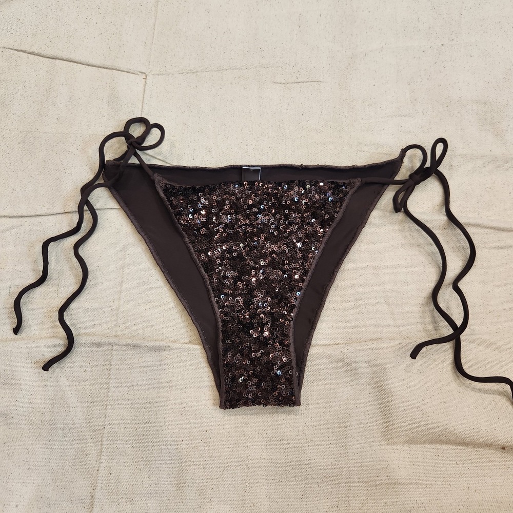 New Rare SKIMS Brown Sequin Tie-Side Bikini Bottom S Small Tie Side Cocoa Brown